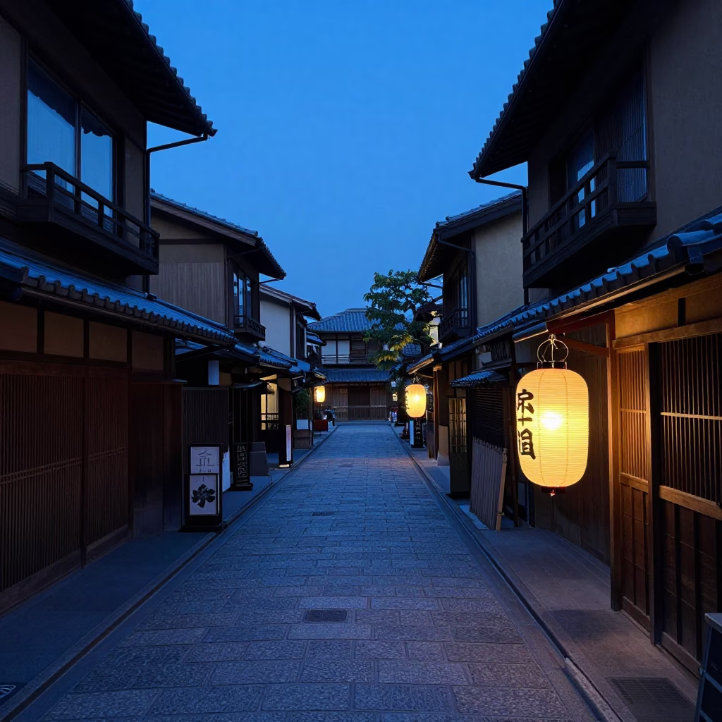 Kyoto Evening Blue Hour Street Scene with Traditional Lanterns and Urban Life in in Kyoto, Japan