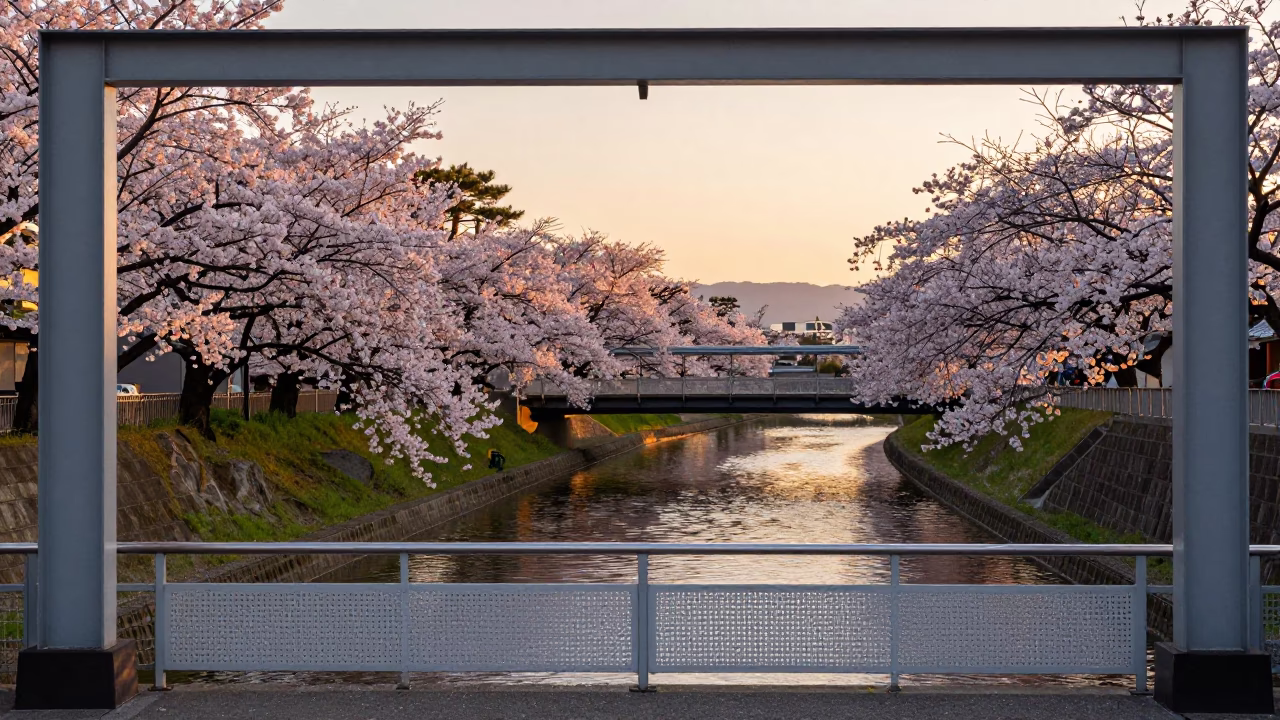 Kyoto Evening Canal Cherry Trees Pedestrian Overpass and Doorframe Realistic Street Photography in in Kyoto, Japan