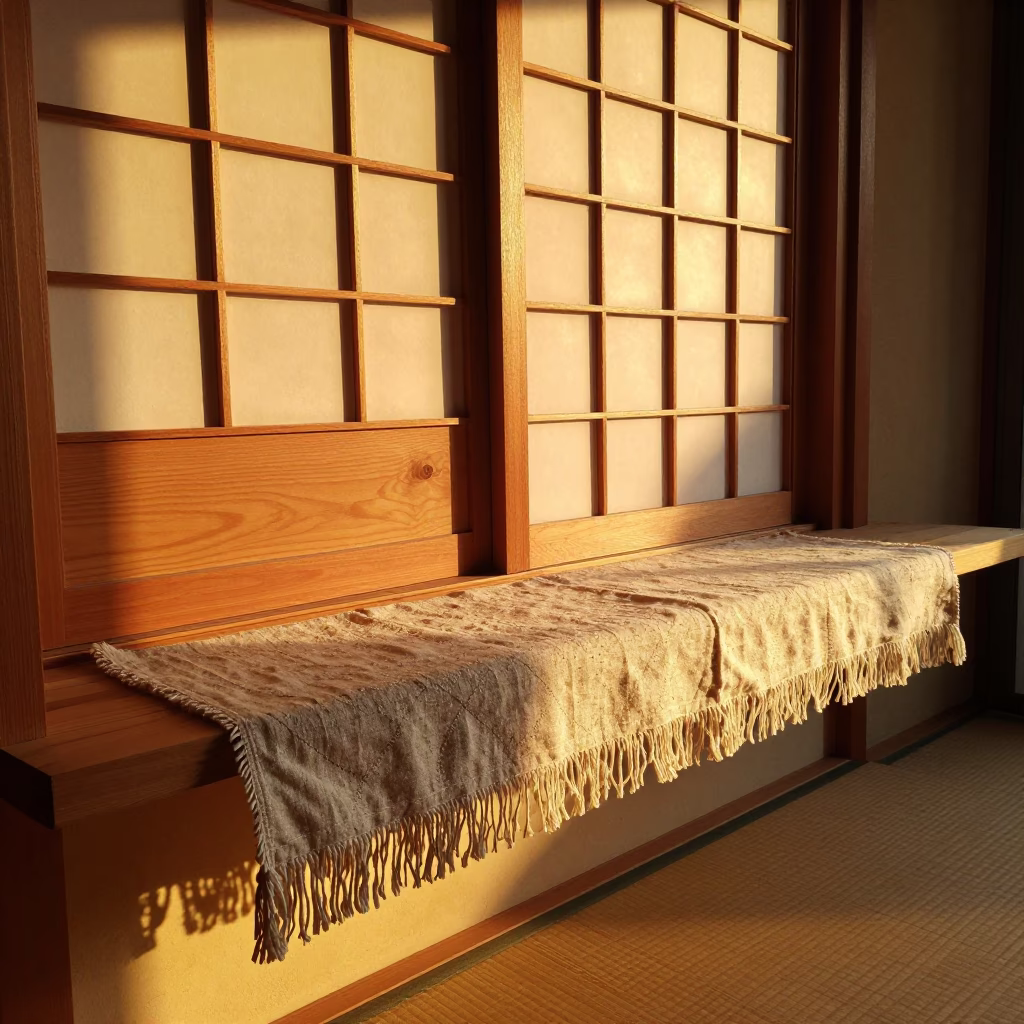 Kyoto Evening Interior Linen Fringe Shelf Wicker Shadow and Traditional Japanese Decor in in Kyoto, Japan