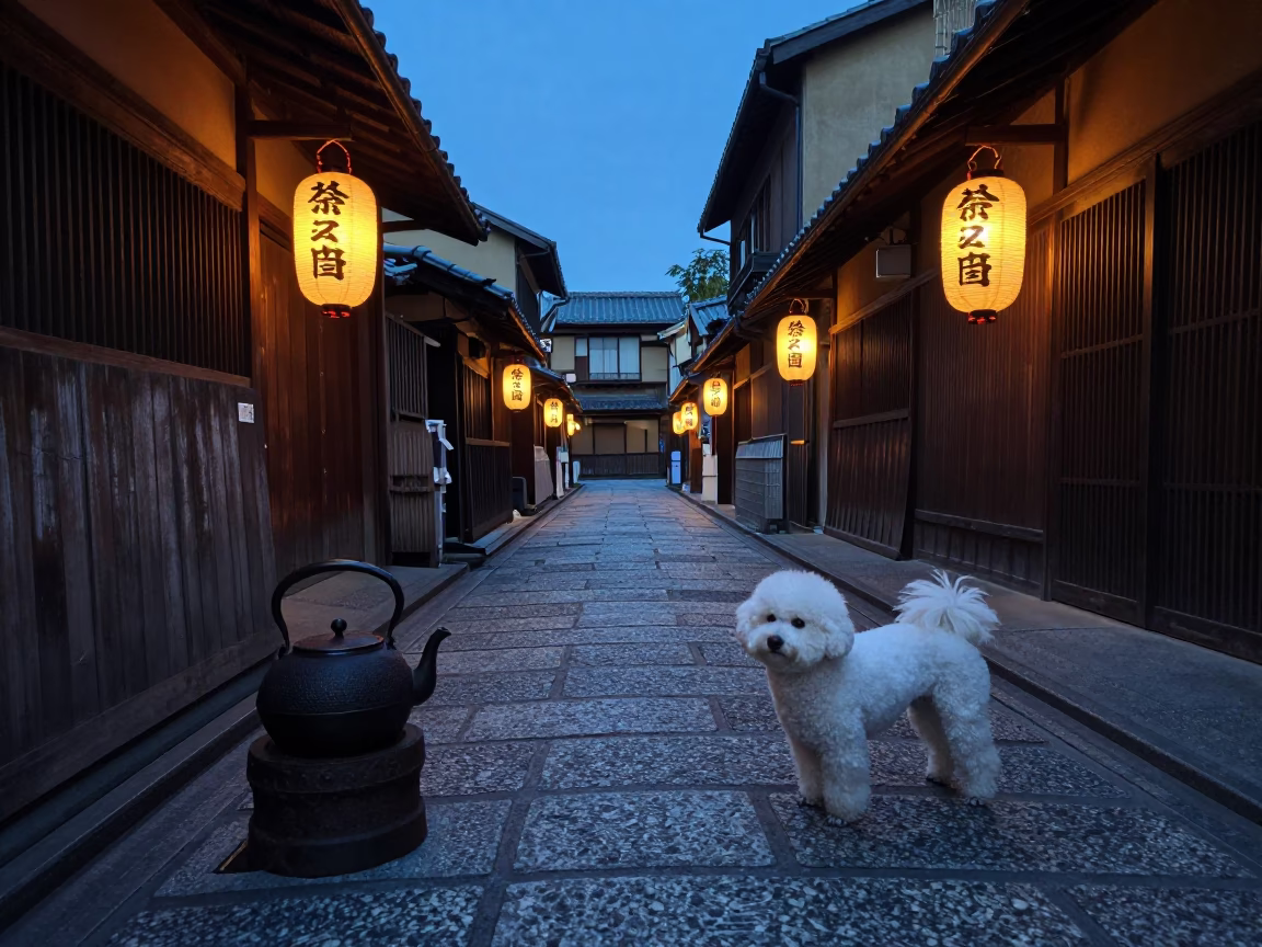 Kyoto Evening Lantern Alley with Traditional Tea Kettle and Bichon Frise in in Kyoto, Japan