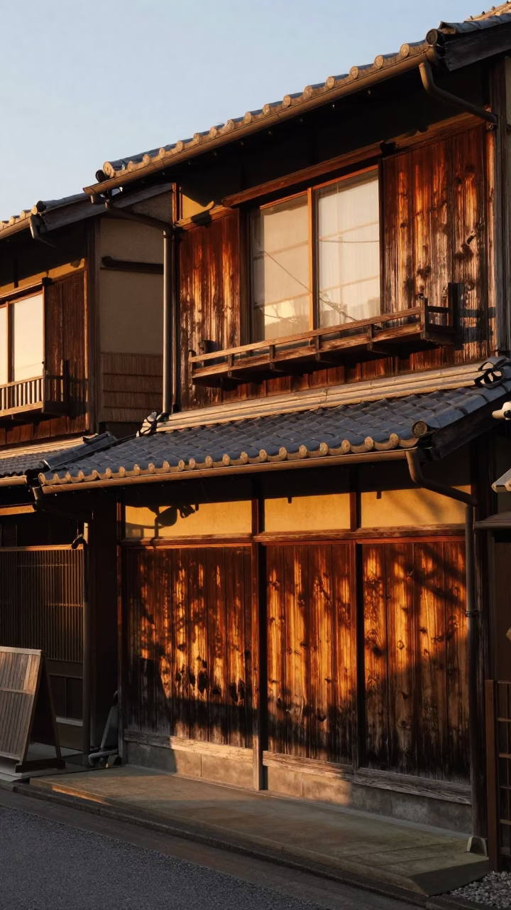 Kyoto Evening Light Illuminating Traditional Wooden Tea House Exterior and Stone Path in in Kyoto, Japan
