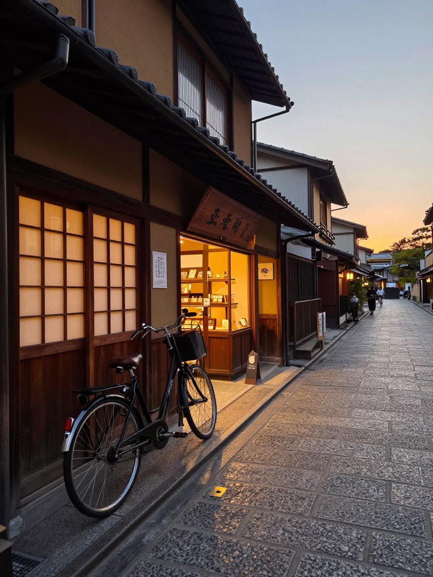 Kyoto Evening Street Scene with Bicycle and Bakery at Dusk in in Kyoto, Japan