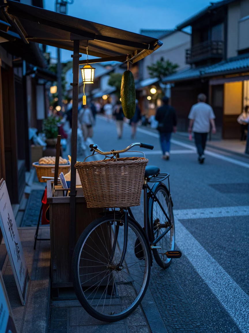 Kyoto Evening Street Scene with Bicycle Basket and Pickle Jar at Dusk in in Kyoto, Japan