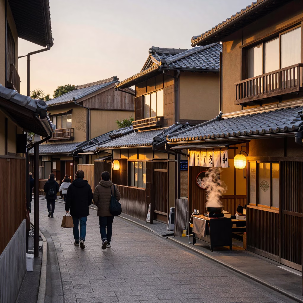 Kyoto Evening Street Scene with Ceramic Tiles and Steaming Hotpot Dinner in in Kyoto, Japan