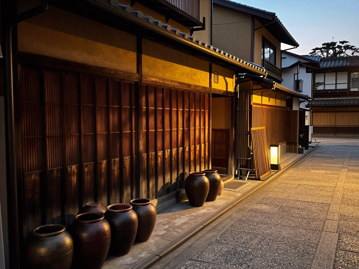 Kyoto Evening Street Scene with Clay Pots and Polished Brass Latch in Honeyed Light in in Kyoto, Japan