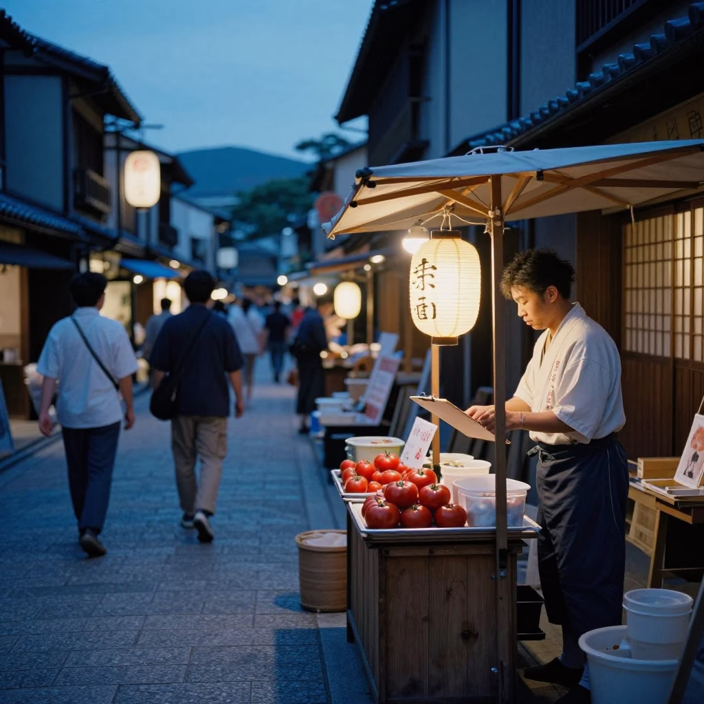 Kyoto Evening Street Scene with Clipboard and Tomatoes in Traditional District in in Kyoto, Japan