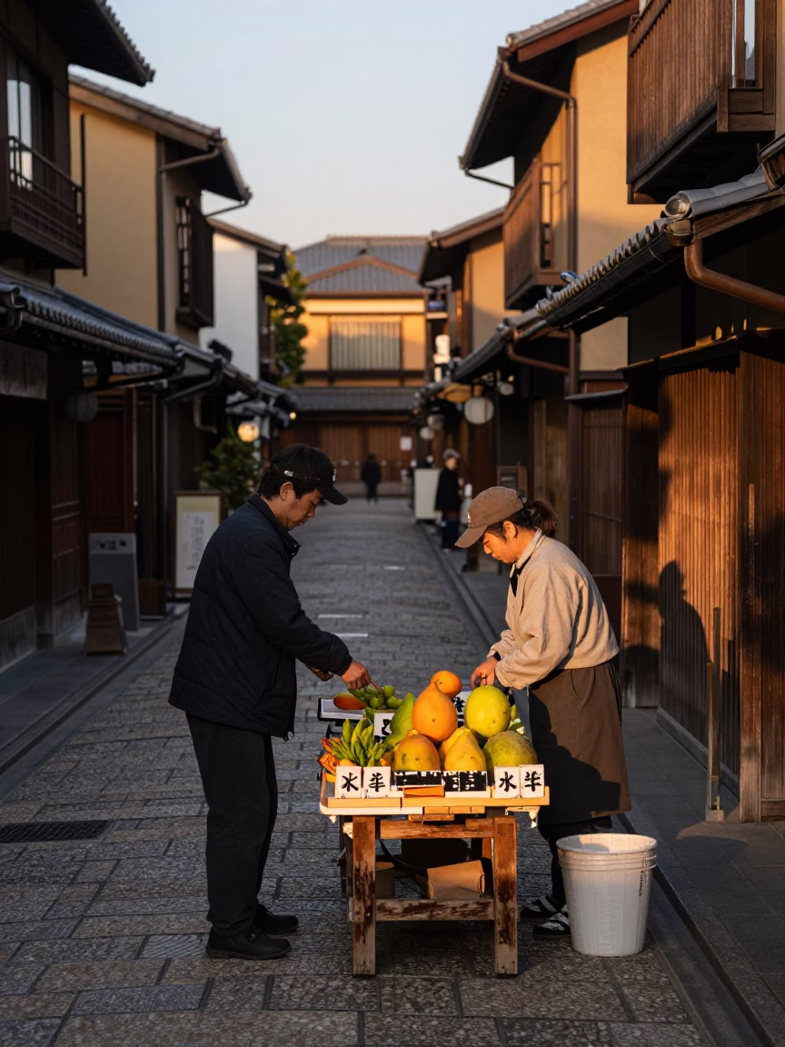 Kyoto Evening Street Scene with Date Vendor and Traditional Latch Detail in in Kyoto, Japan