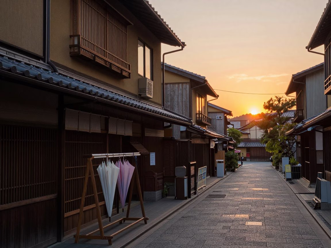 Kyoto Evening Street Scene with Drying Rack and Umbrella Stand at Sunset in in Kyoto, Japan