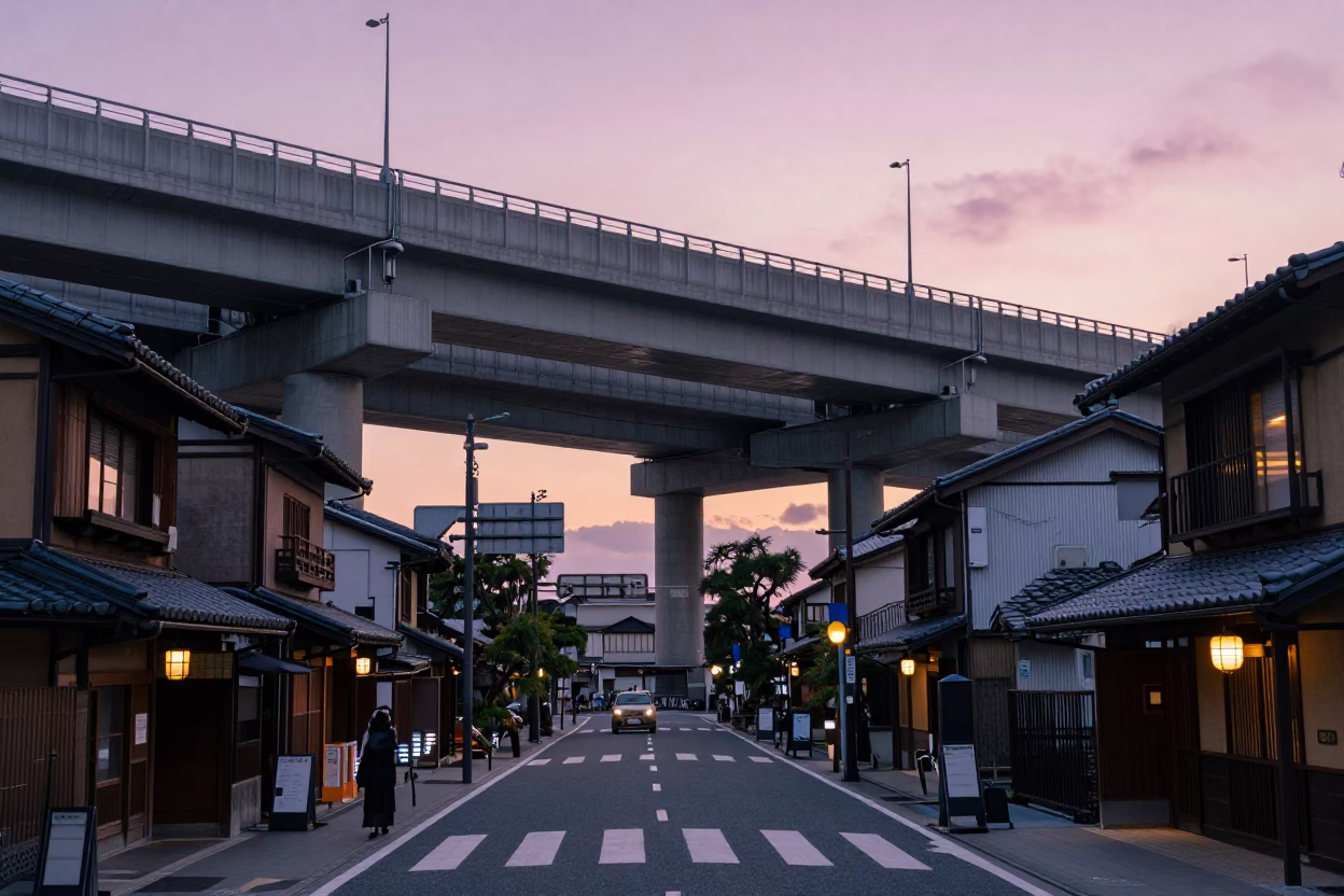 Kyoto Evening Street Scene with Highway Flyover and Local Diners in in Kyoto, Japan