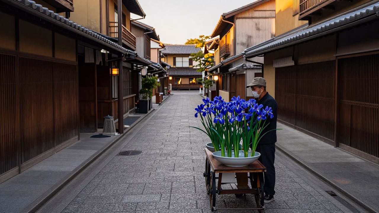 Kyoto Evening Street Scene with Iris Blossoms and Traditional Porcelain Bowl in in Kyoto, Japan