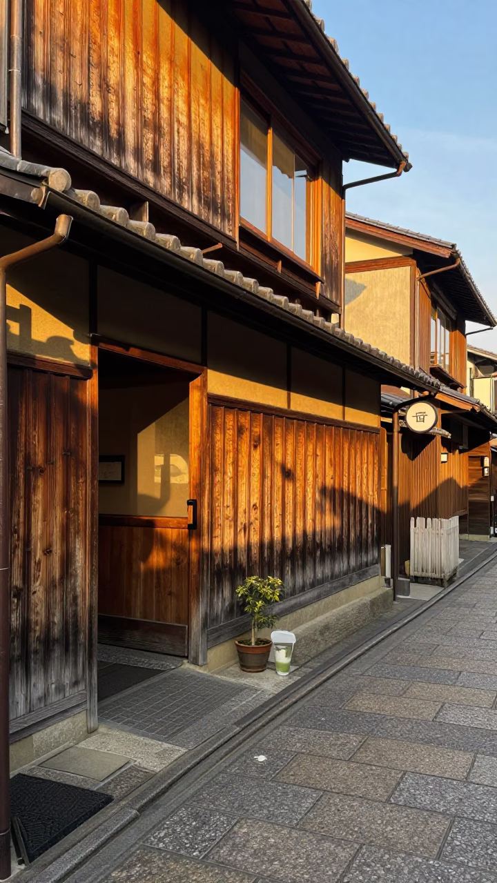 Kyoto evening street scene with matcha latte and traditional wooden architecture in in Kyoto, Japan