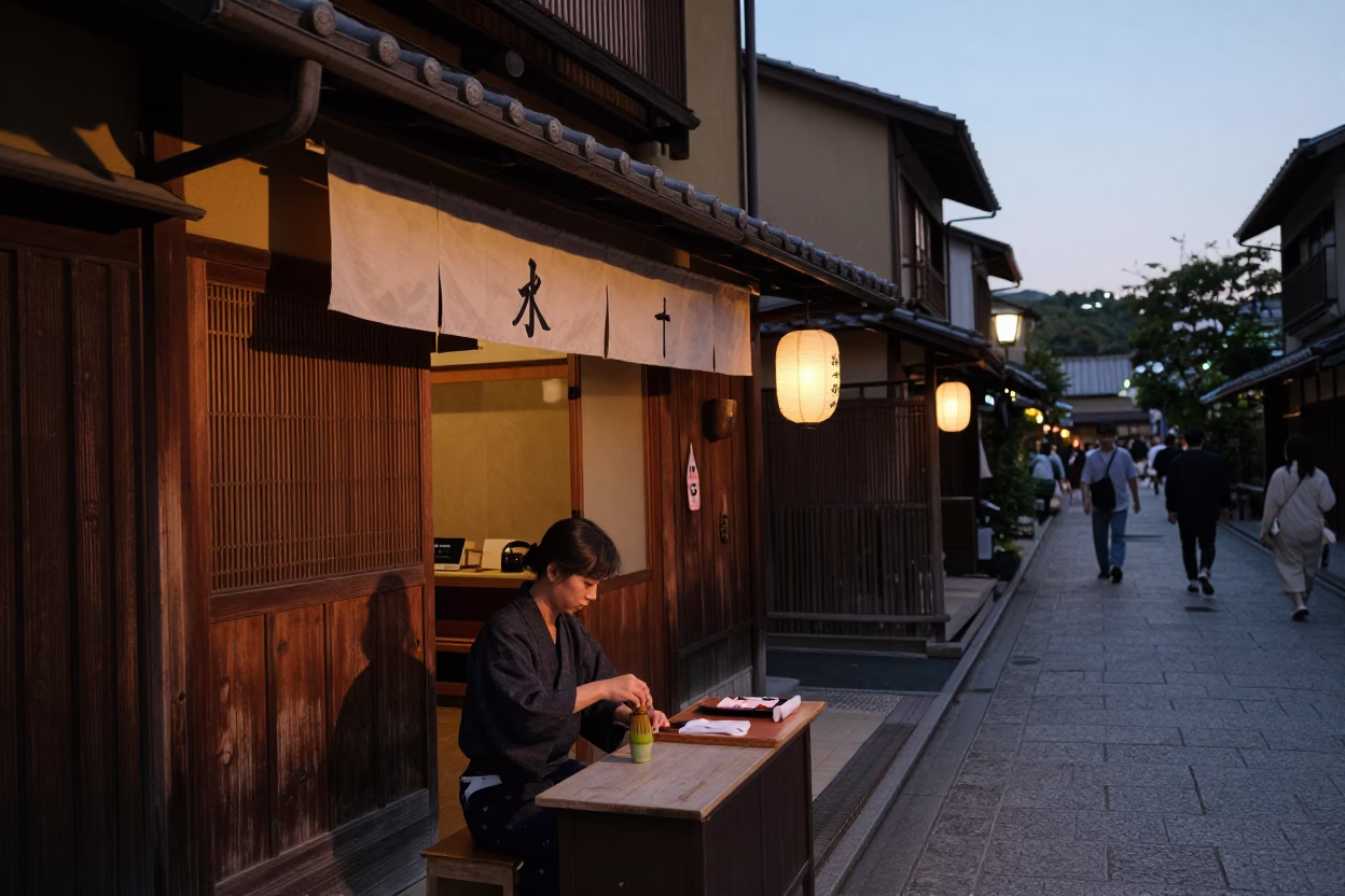 Kyoto Evening Street Scene with Matcha Whisking and Obon Lanterns in in Kyoto, Japan