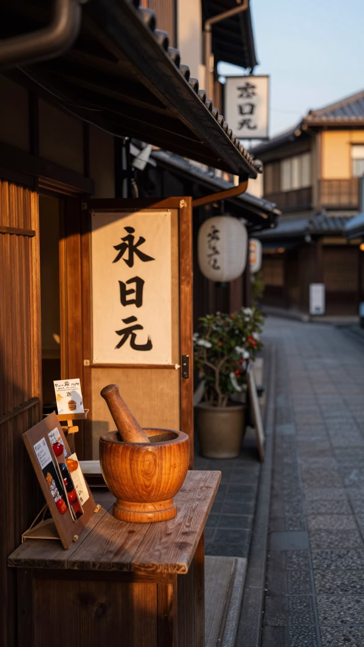 Kyoto Evening Street Scene with Mortar Pestle and Local Dining Culture in in Kyoto, Japan