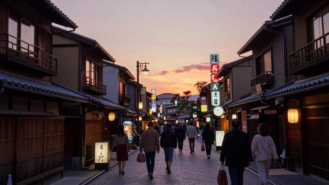 Kyoto Evening Street Scene with Neon Signs and Local Diners at Dusk in in Kyoto, Japan