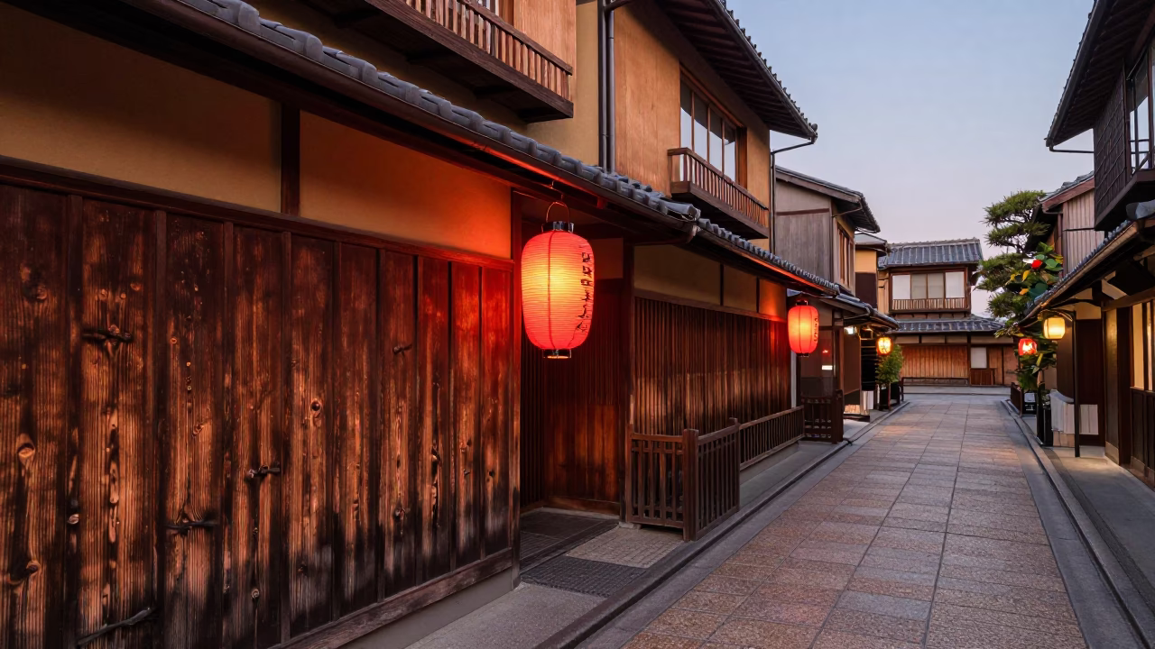Kyoto Evening Street Scene with Paper Lanterns and Traditional Architecture in Copper Dusk Light in in Kyoto, Japan