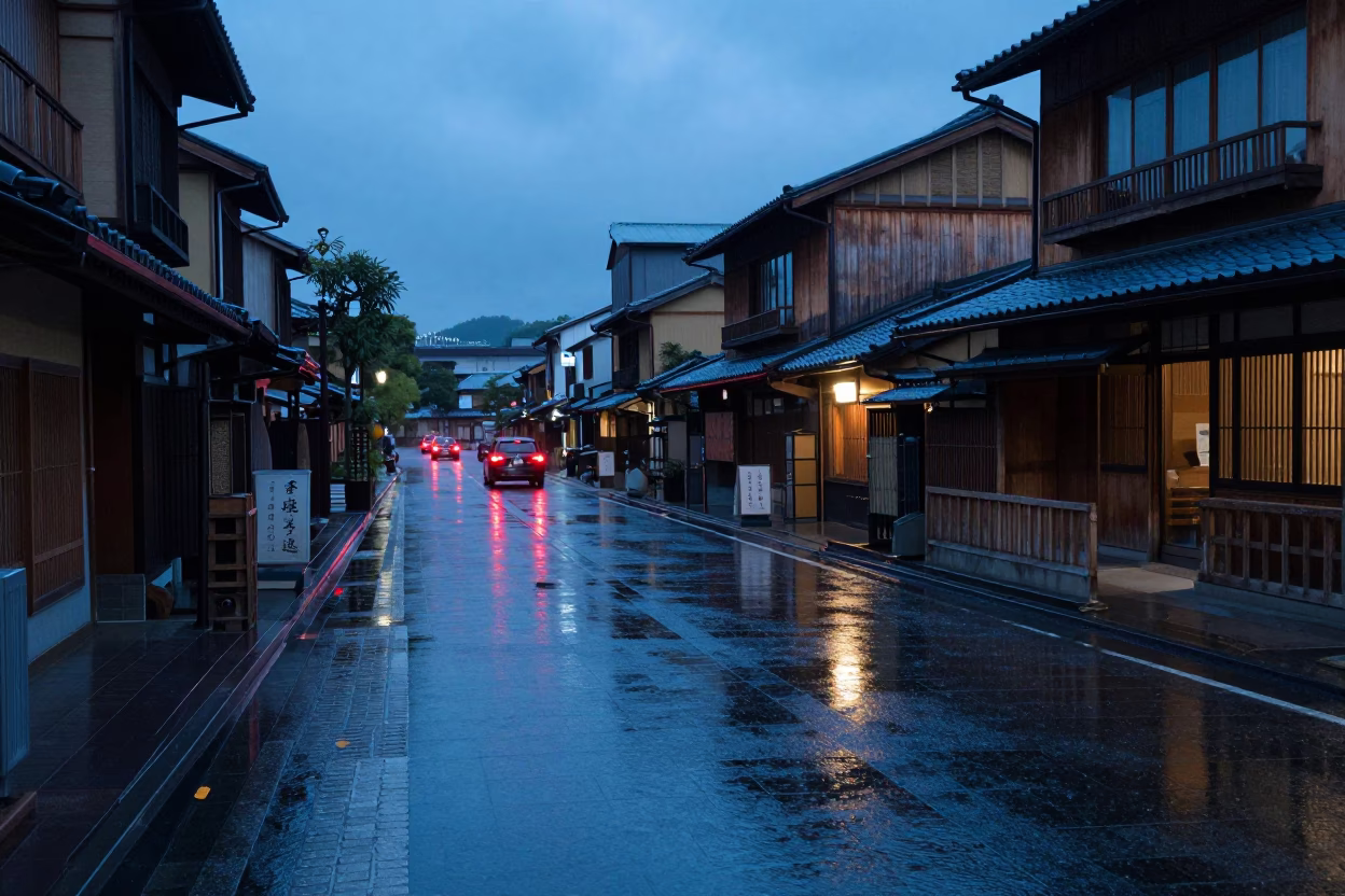 Kyoto Evening Street Scene with Puddle Reflections and Traditional Architecture in in Kyoto, Japan