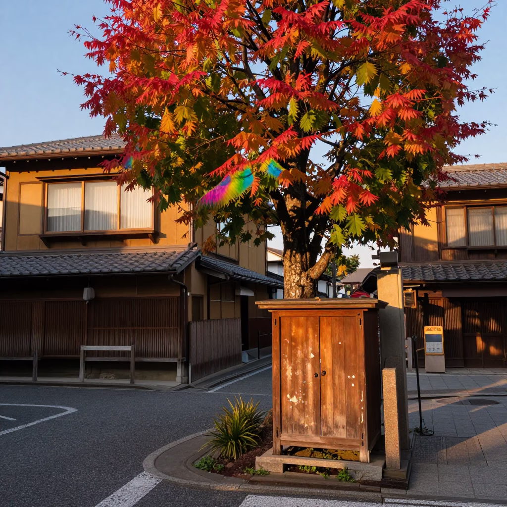 Kyoto Evening Street Scene with Rainbow Eucalyptus and Vintage Radio in Honeyed Light in in Kyoto, Japan