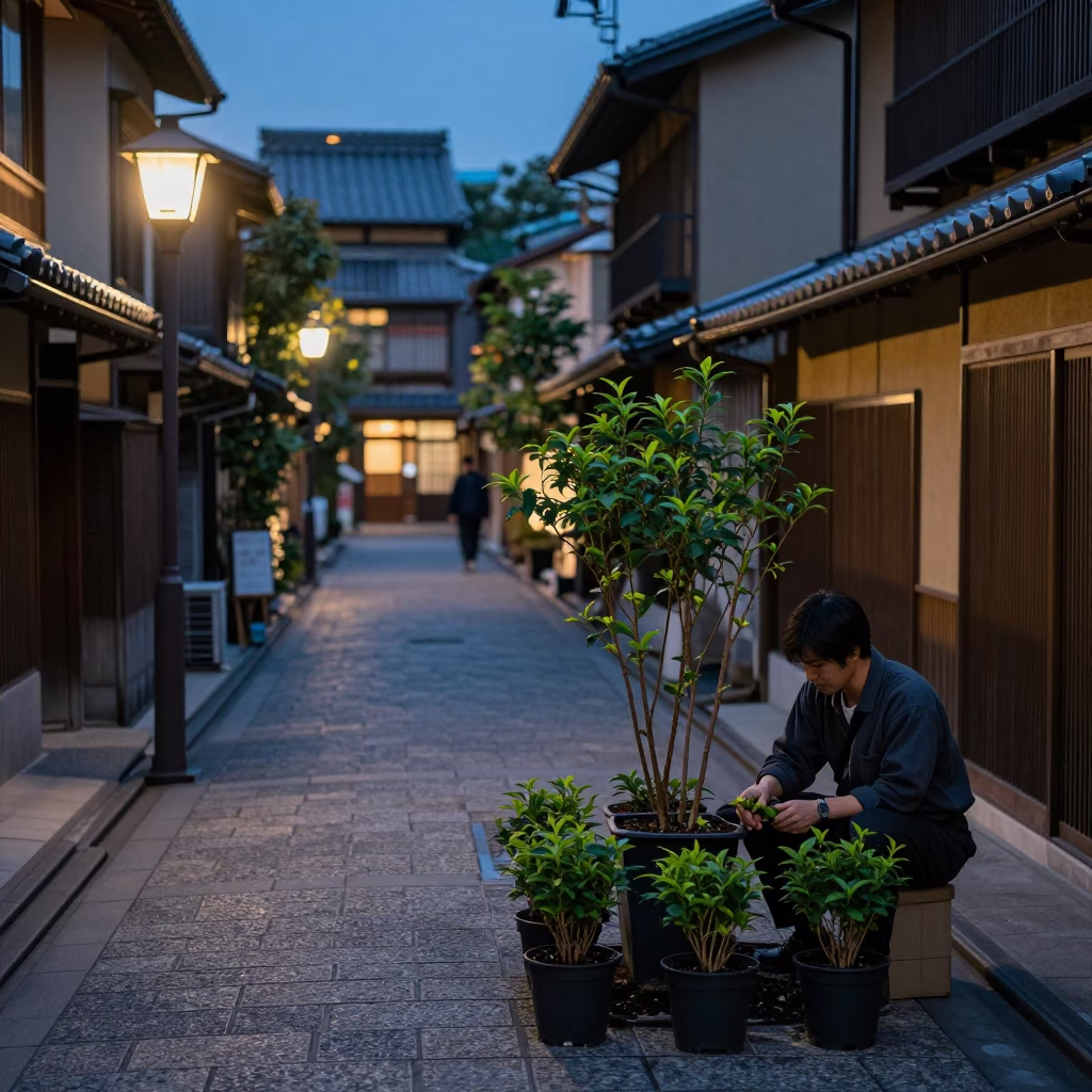 Kyoto Evening Street Scene with Tea Bush Shoots and Calligraphy Brush in in Kyoto, Japan