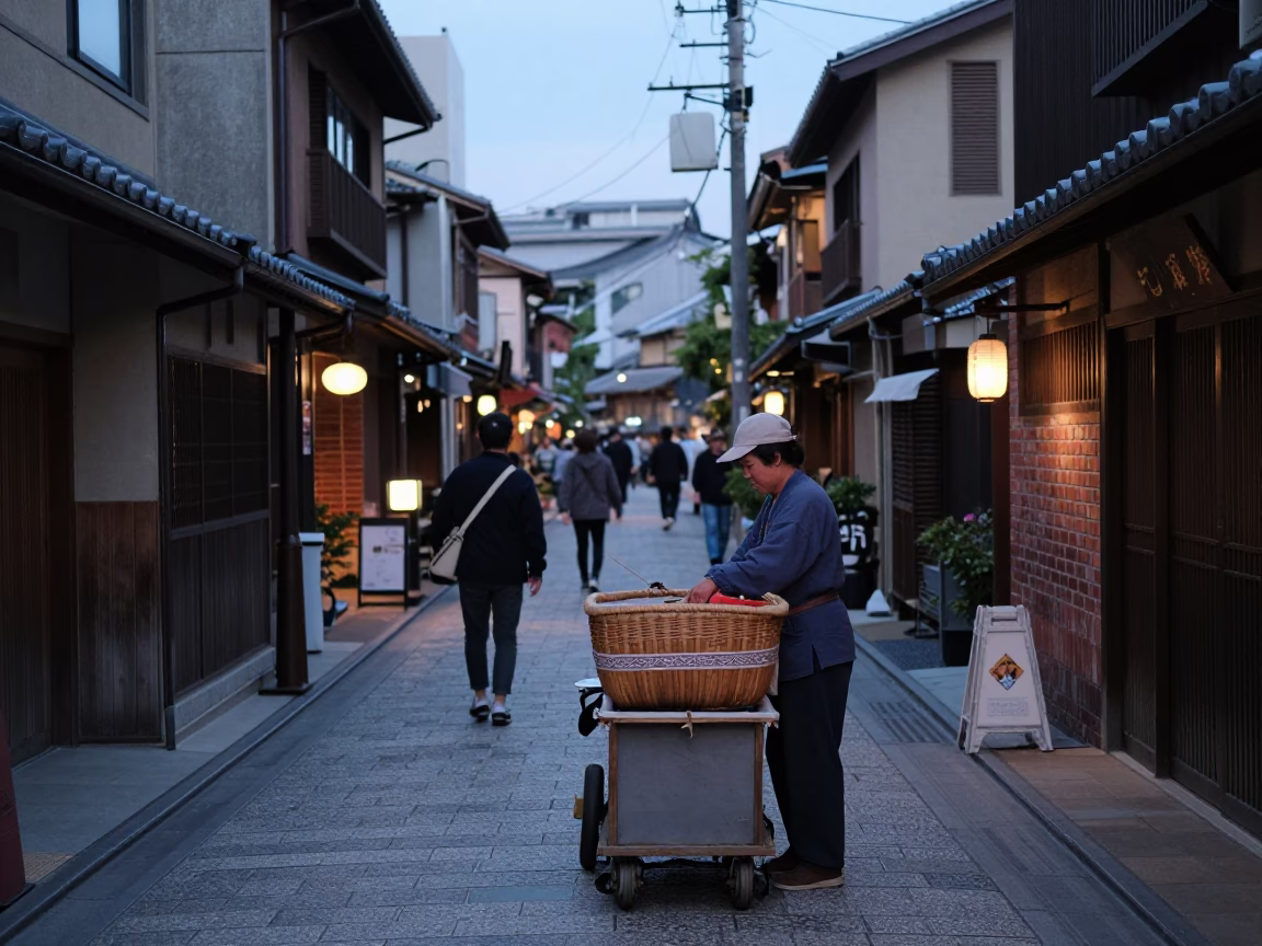 Kyoto Evening Street Scene with Traditional Basket and Urban Details in in Kyoto, Japan
