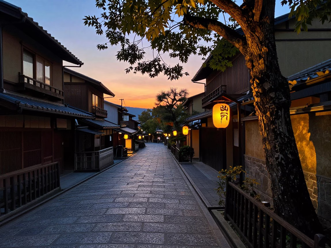 Kyoto Evening Street Scene with Traditional Lanterns and Leaf Shadows on Stone Path in in Kyoto, Japan