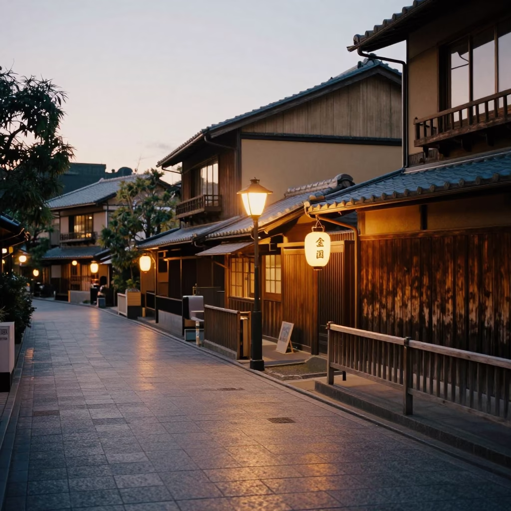Kyoto evening street scene with traditional lanterns and local pedestrians in honeyed light in in Kyoto, Japan
