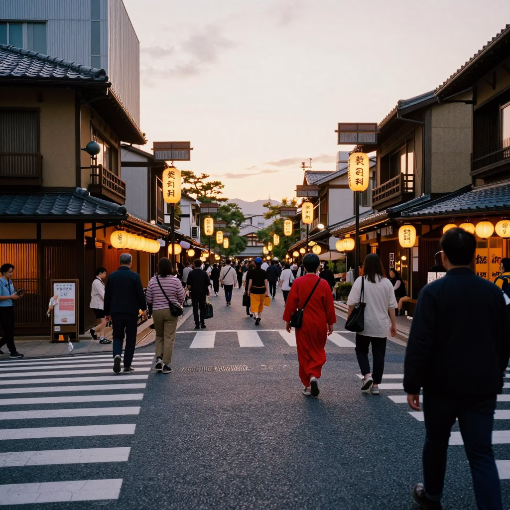 Kyoto Evening Street Scene with Traditional Lanterns and Modern Urban Life in in Kyoto, Japan
