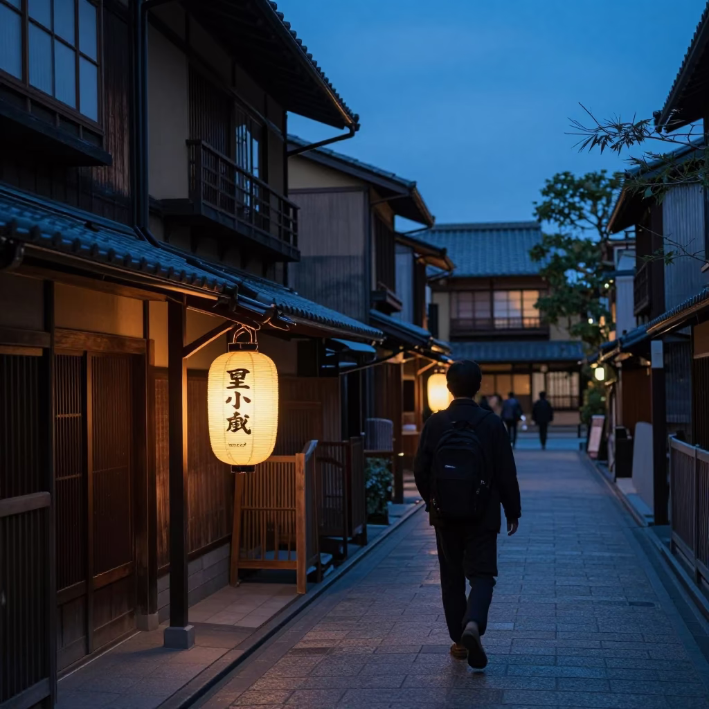 Kyoto Evening Street Scene with Traditional Lanterns and Urban Life in in Kyoto, Japan