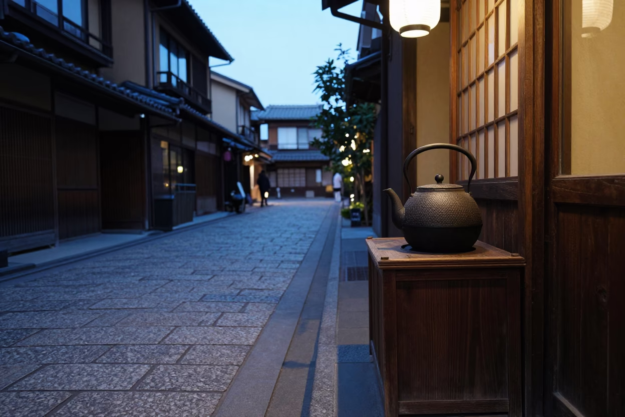 Kyoto Evening Street Scene with Traditional Tea Kettle and Hotel Valet Stand Reflections in in Kyoto, Japan