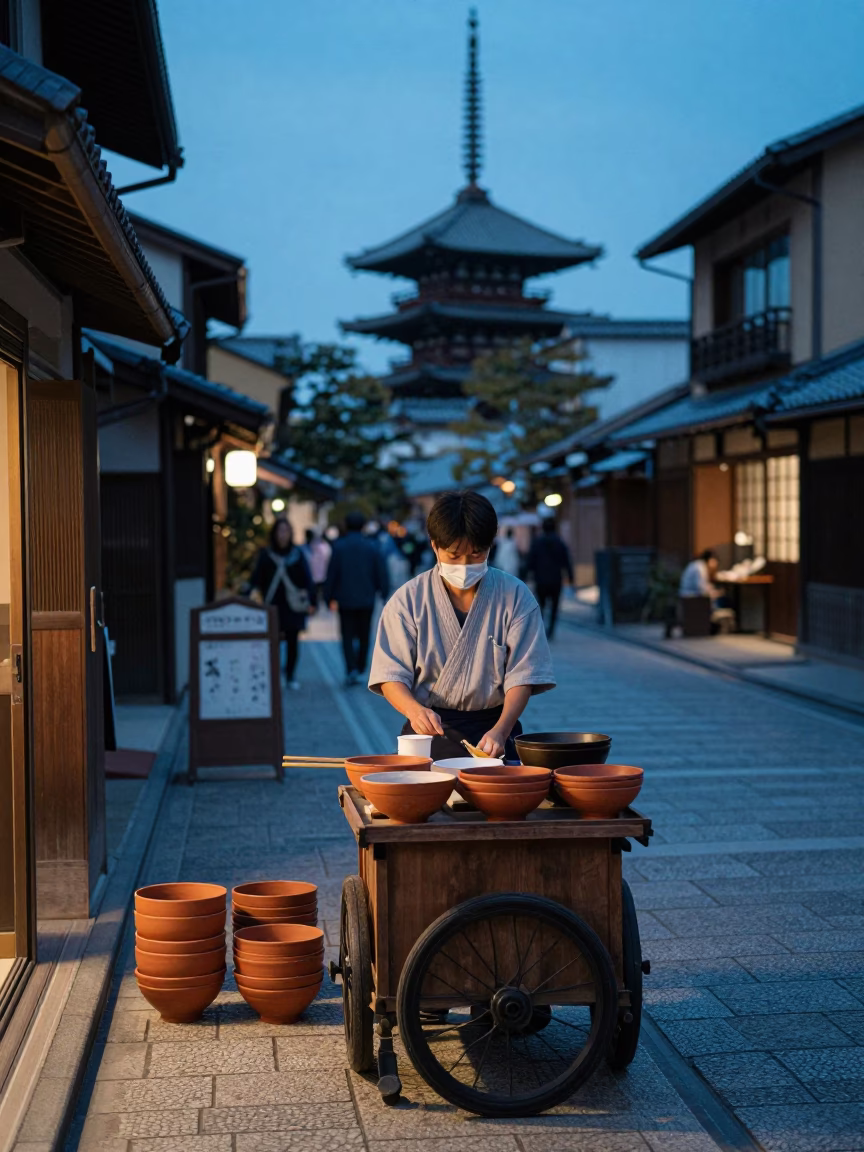 Kyoto Evening Street Scene with Traditional Terracotta Bowls and Lanterns in Blue Hour in in Kyoto, Japan
