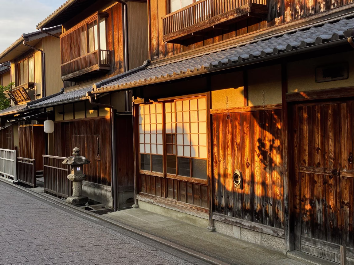 Kyoto Evening Street Scene with Traditional Wooden Facades and Warm Golden Light in in Kyoto, Japan