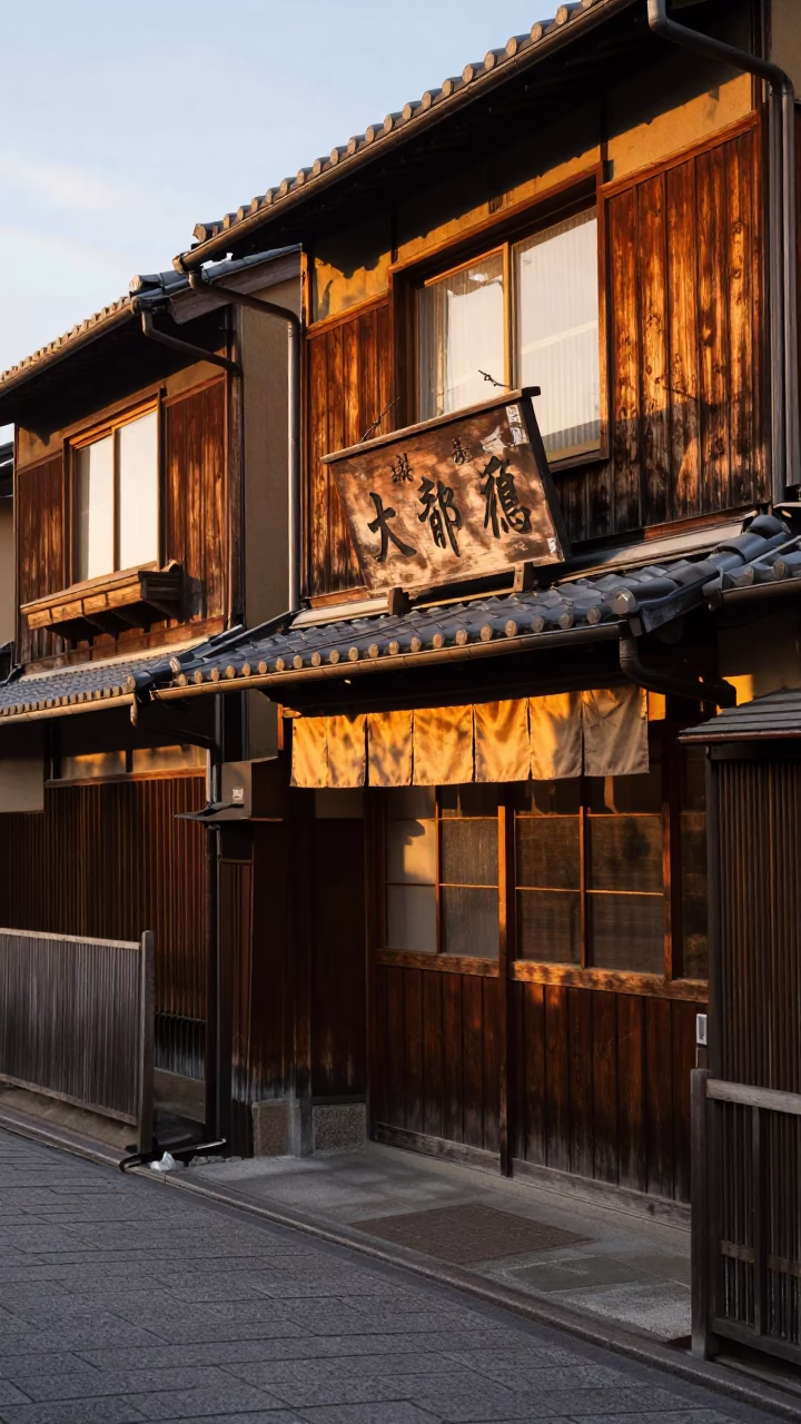 Kyoto Evening Street Scene with Traditional Wooden Signage and Warm Golden Light in in Kyoto, Japan