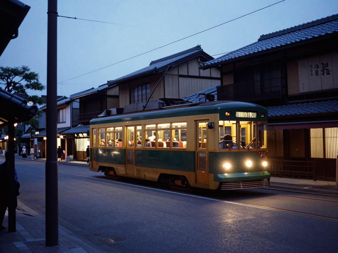 Kyoto Evening Street Scene with Tram and Traditional Architecture in in Kyoto, Japan