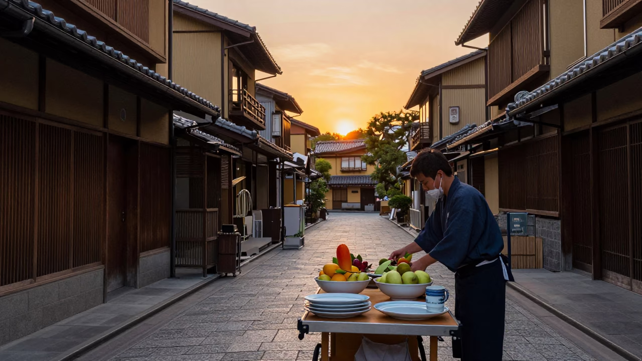 Kyoto evening street scene with vendor and traditional architecture in in Kyoto, Japan