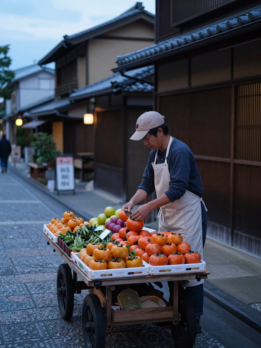 Kyoto Evening Street Scene with Vendor Selling Fresh Fruit Under Blue Hour Light in in Kyoto, Japan