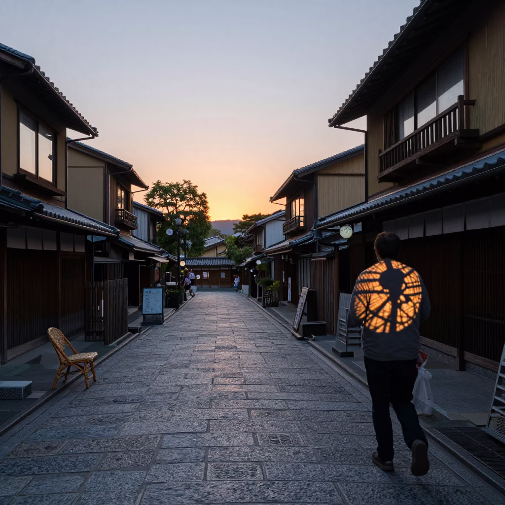 Kyoto Evening Street Scene with Wicker Shadow on Runner and Garden Benches in in Kyoto, Japan