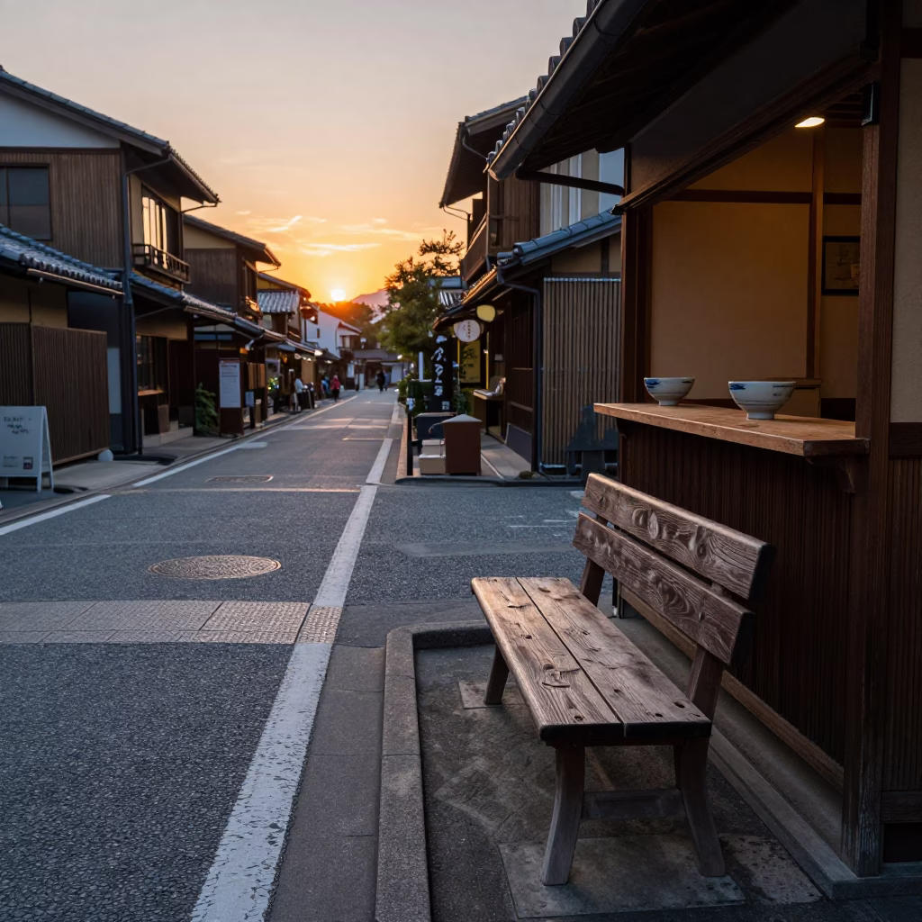 Kyoto Evening Street Scene with Wooden Bench and Local Diner in in Kyoto, Japan