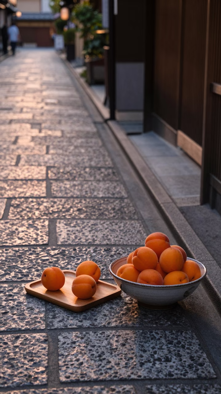 Kyoto Evening Street Scene with Wooden Platter and Apricots in Honeyed Light in in Kyoto, Japan