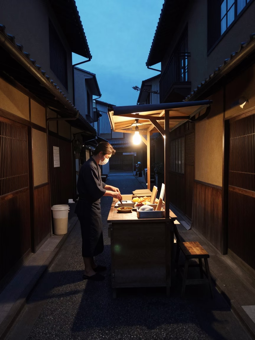 Kyoto Food Stall at The Predawn Darkness Light in in Kyoto, Japan