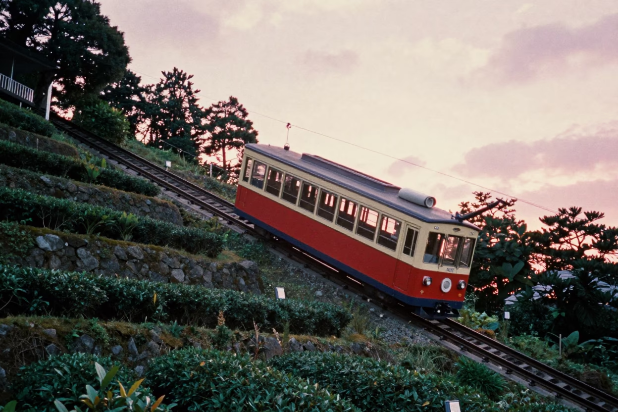 Kyoto Funicular Rising Through Terraced Gardens at Sunset with Traditional Crafts in in Kyoto, Japan