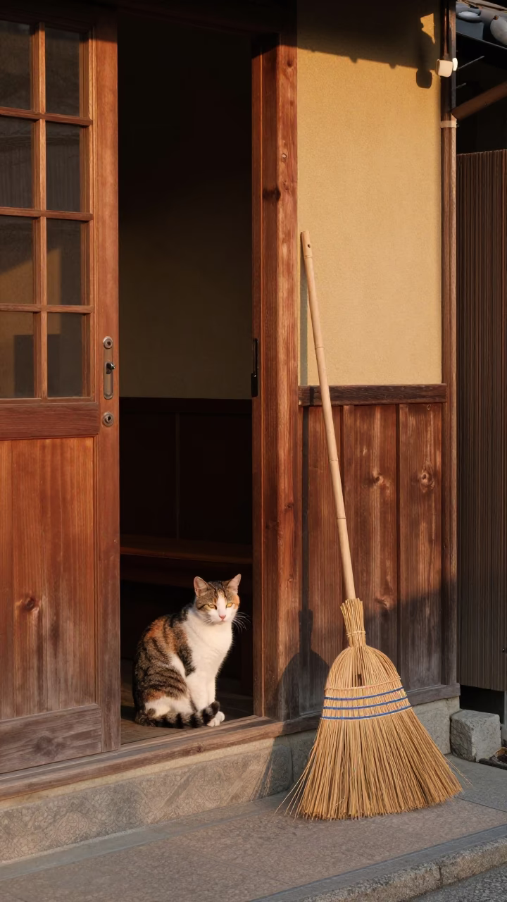 Kyoto Golden Hour Street Scene with Cat and Broom Near Traditional Shop in in Kyoto, Japan