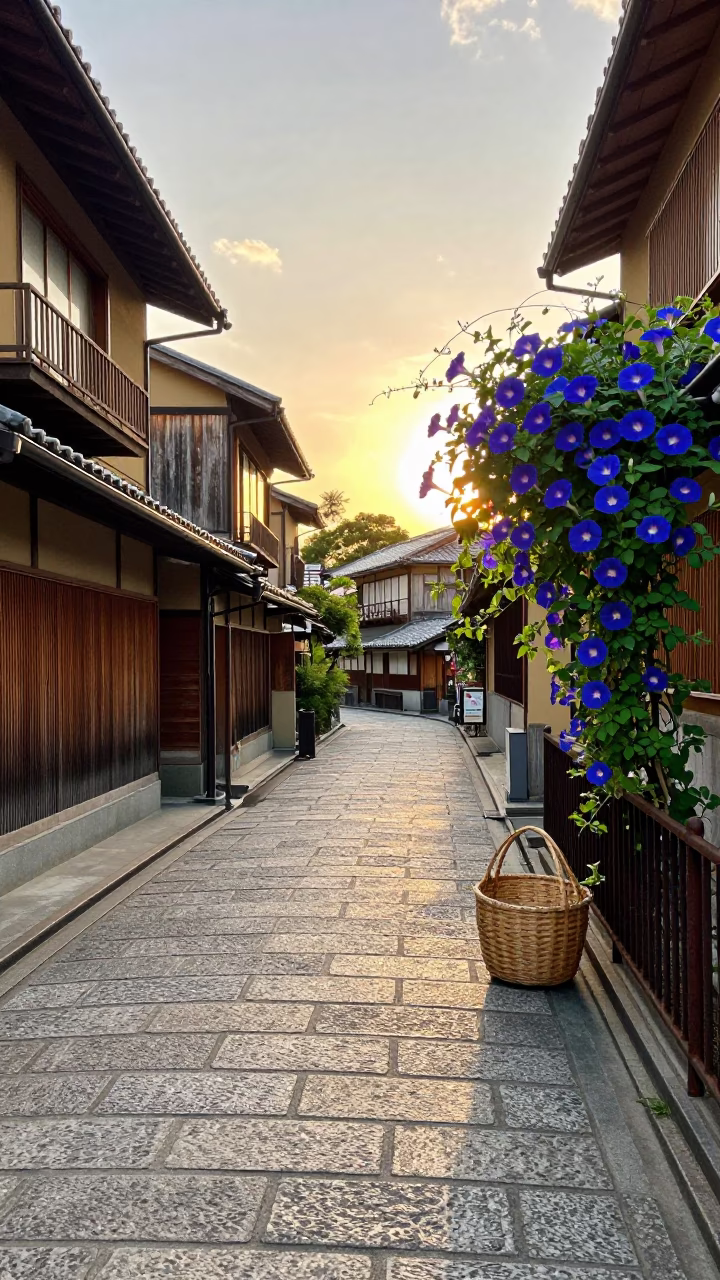 Kyoto Golden Hour Street Scene with Morning Glory and Traditional Basket in in Kyoto, Japan