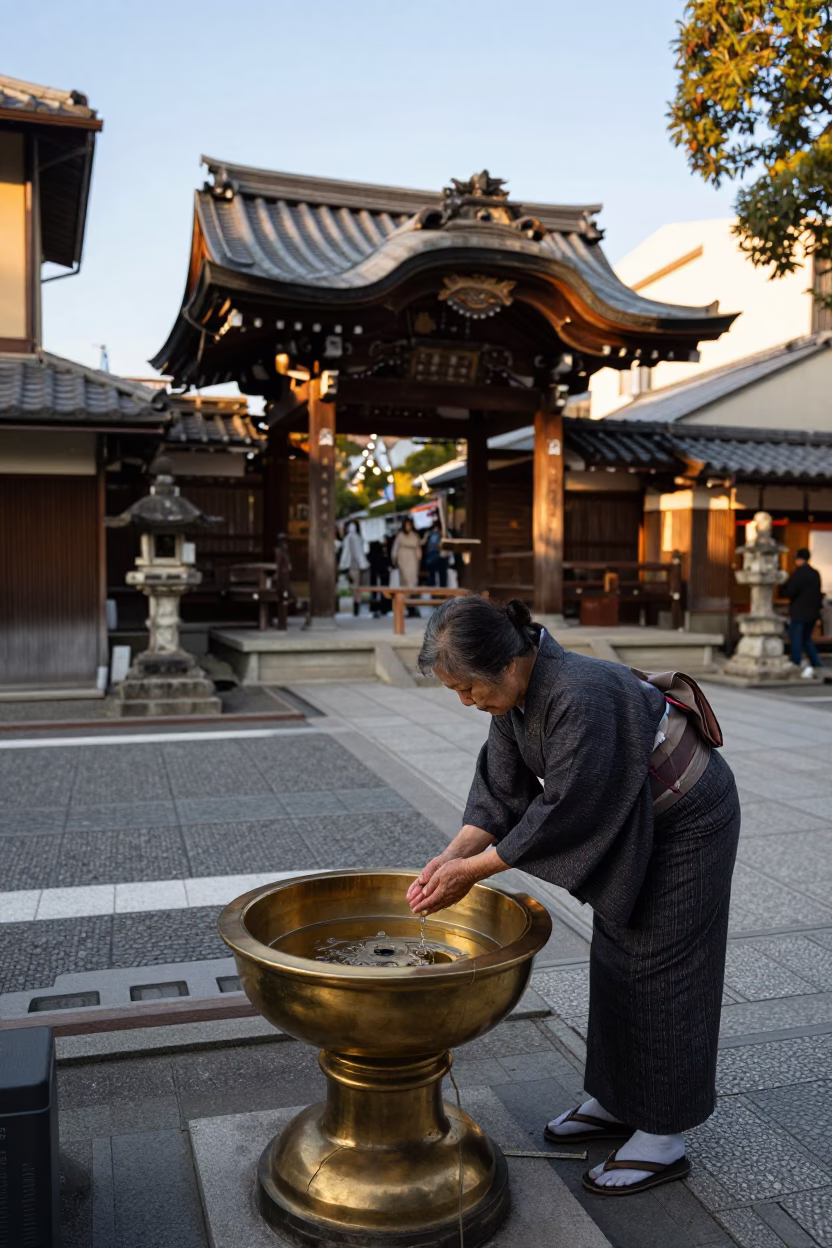 Kyoto Golden Hour Street Scene with Polished Brass Basin and Traditional Architecture in in Kyoto, Japan