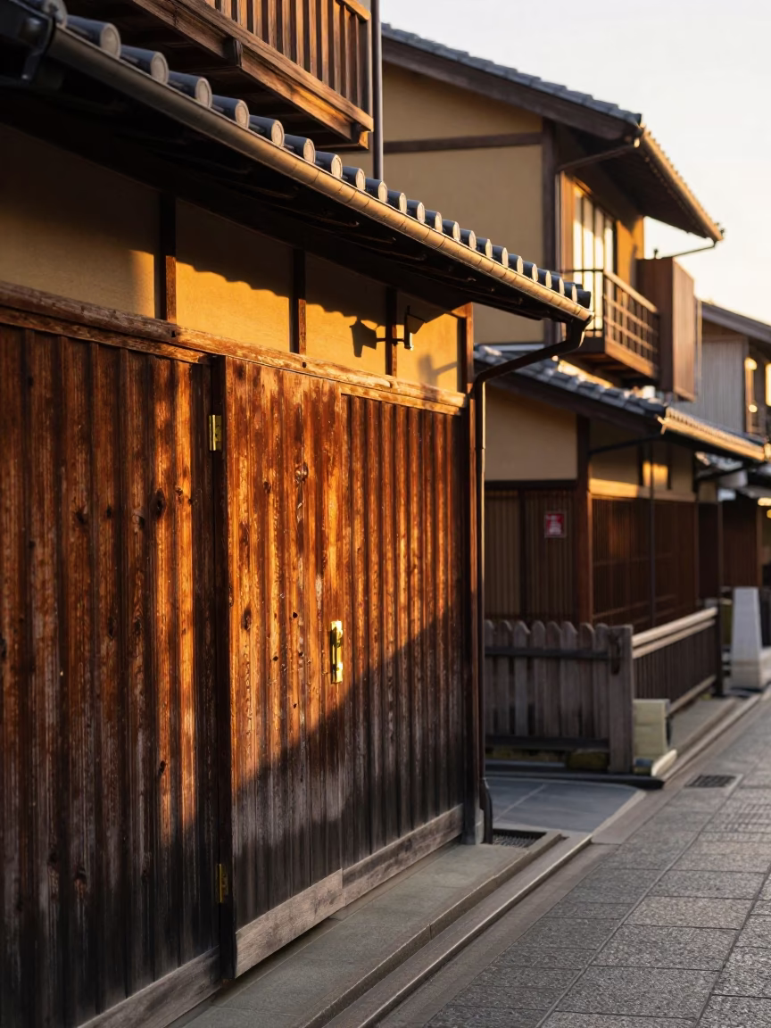 Kyoto Golden Hour Street Scene with Traditional Architecture and Local Life in in Kyoto, Japan