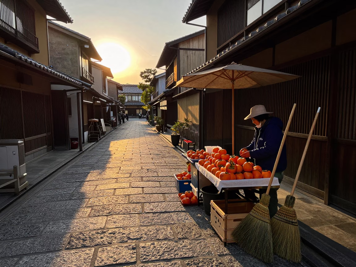 Kyoto Golden Hour Street Scene with Traditional Brooms and Fruit Vendor in in Kyoto, Japan