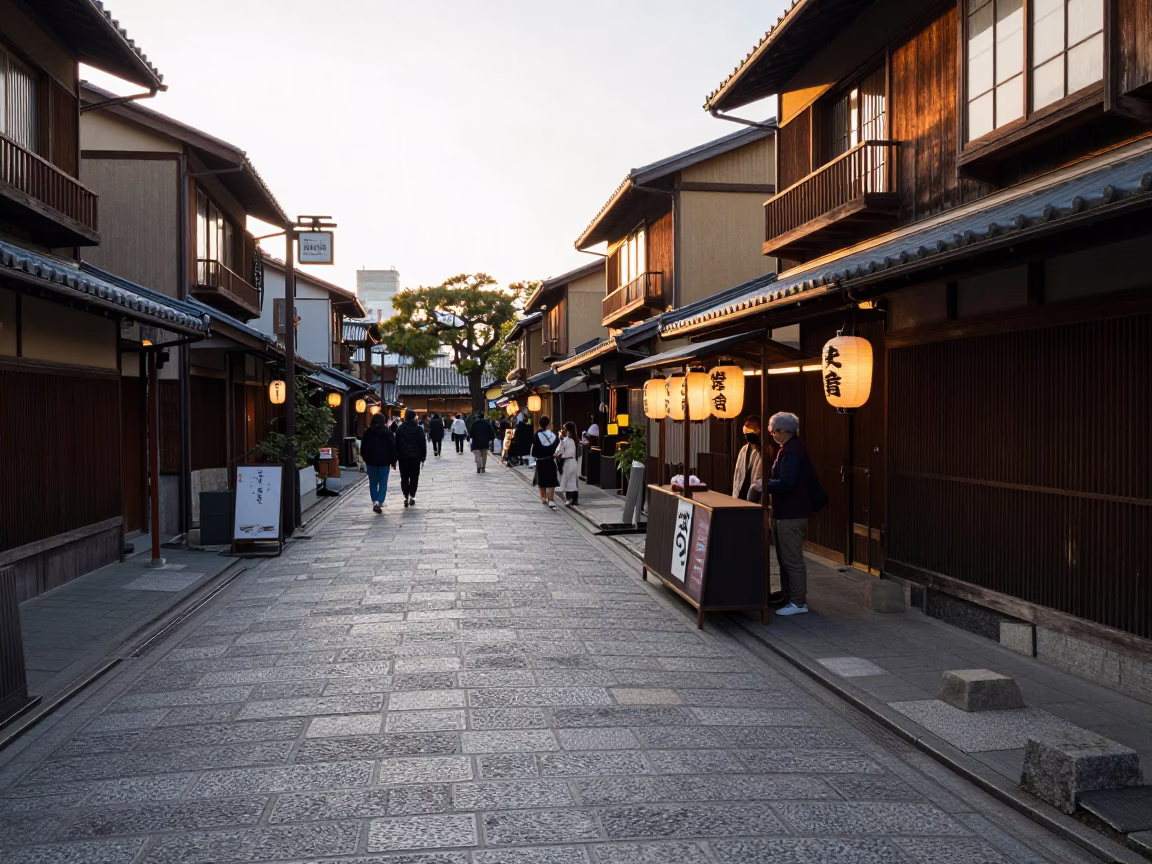 Kyoto Golden Hour Street Scene with Traditional Lanterns and Urban Details in in Kyoto, Japan
