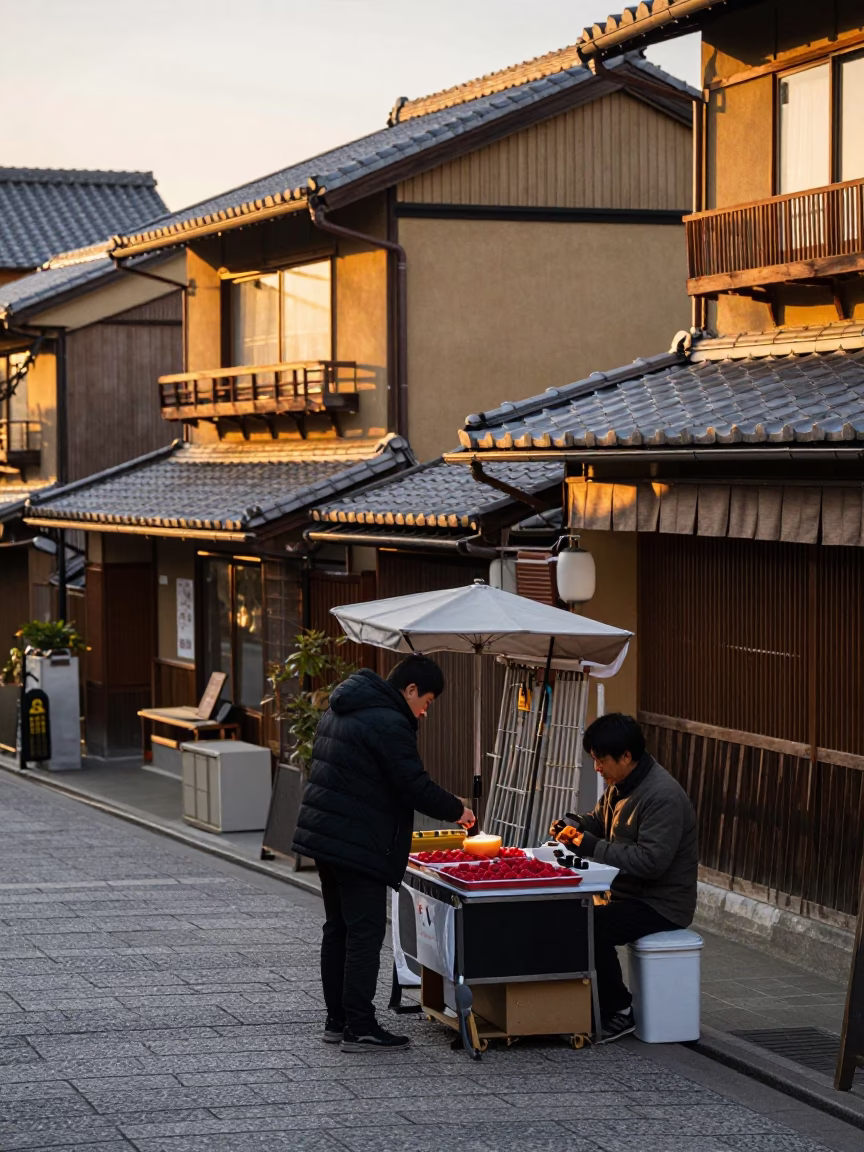 Kyoto Golden Hour Street Scene with Vendor Rasp and Traditional Tea Stains in in Kyoto, Japan