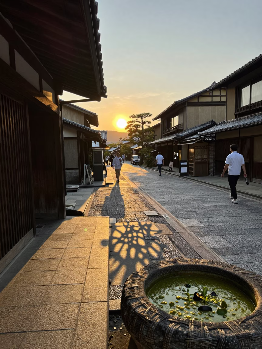 Kyoto Golden Hour Street Scene with Wicker Shadow and Green Curry Bowl in in Kyoto, Japan
