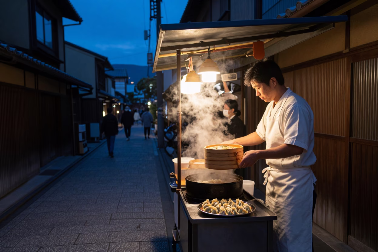 Kyoto indigo twilight street food vendor serving gyoza with lime wedges and dipping sauce in in Kyoto, Japan