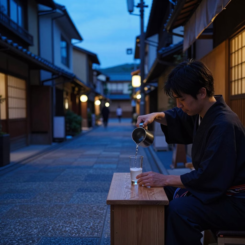 Kyoto Indigo Twilight Street Scene with Glass Tumbler and Leaf Shadows on Chair Rung in in Kyoto, Japan