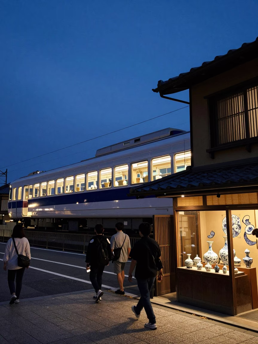Kyoto Indigo Twilight Street Scene with Monorail and Traditional Architecture in in Kyoto, Japan